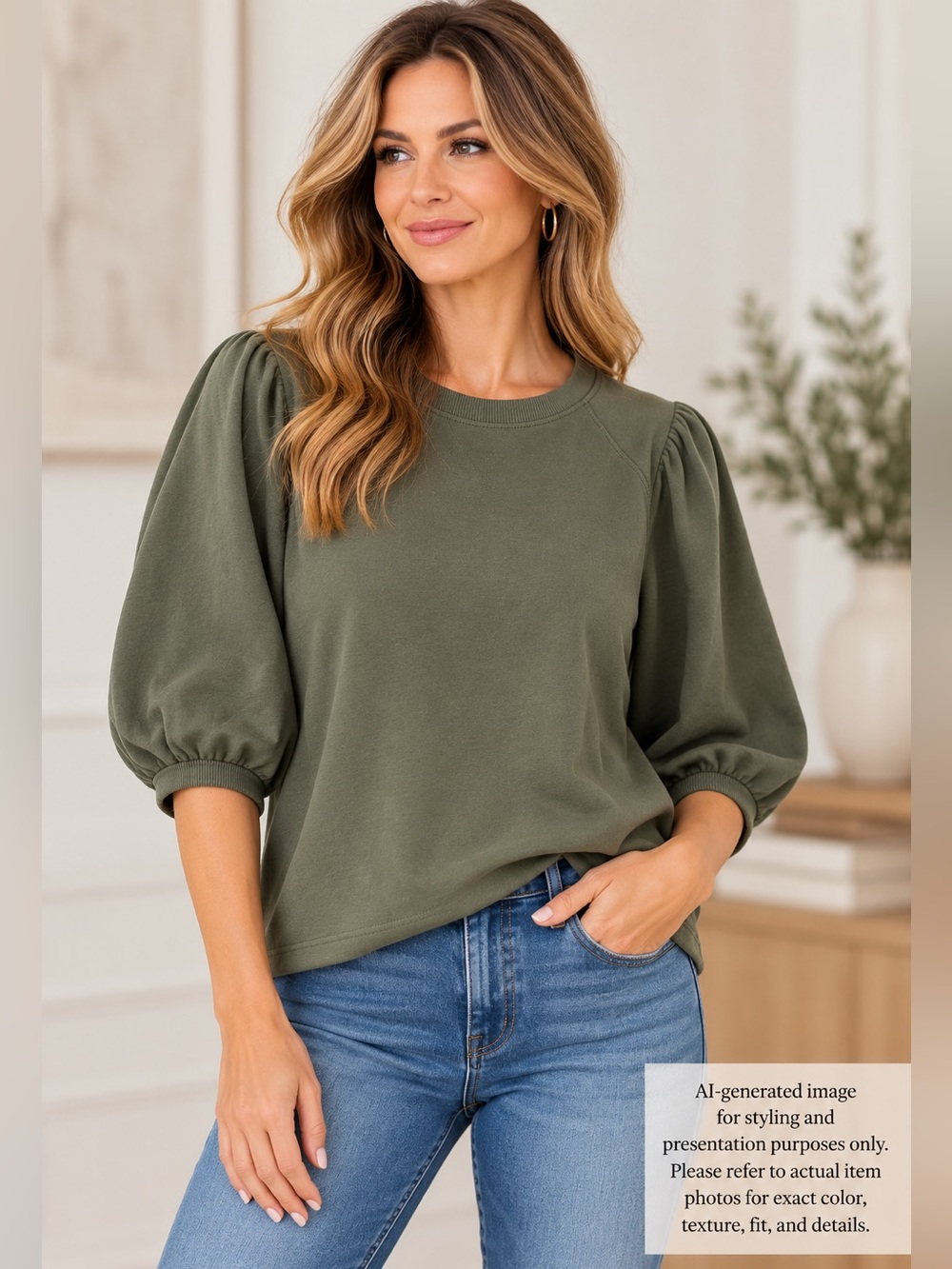 Michael Stars Alice Olive Green Puff Sleeve Trinity Terry Top L